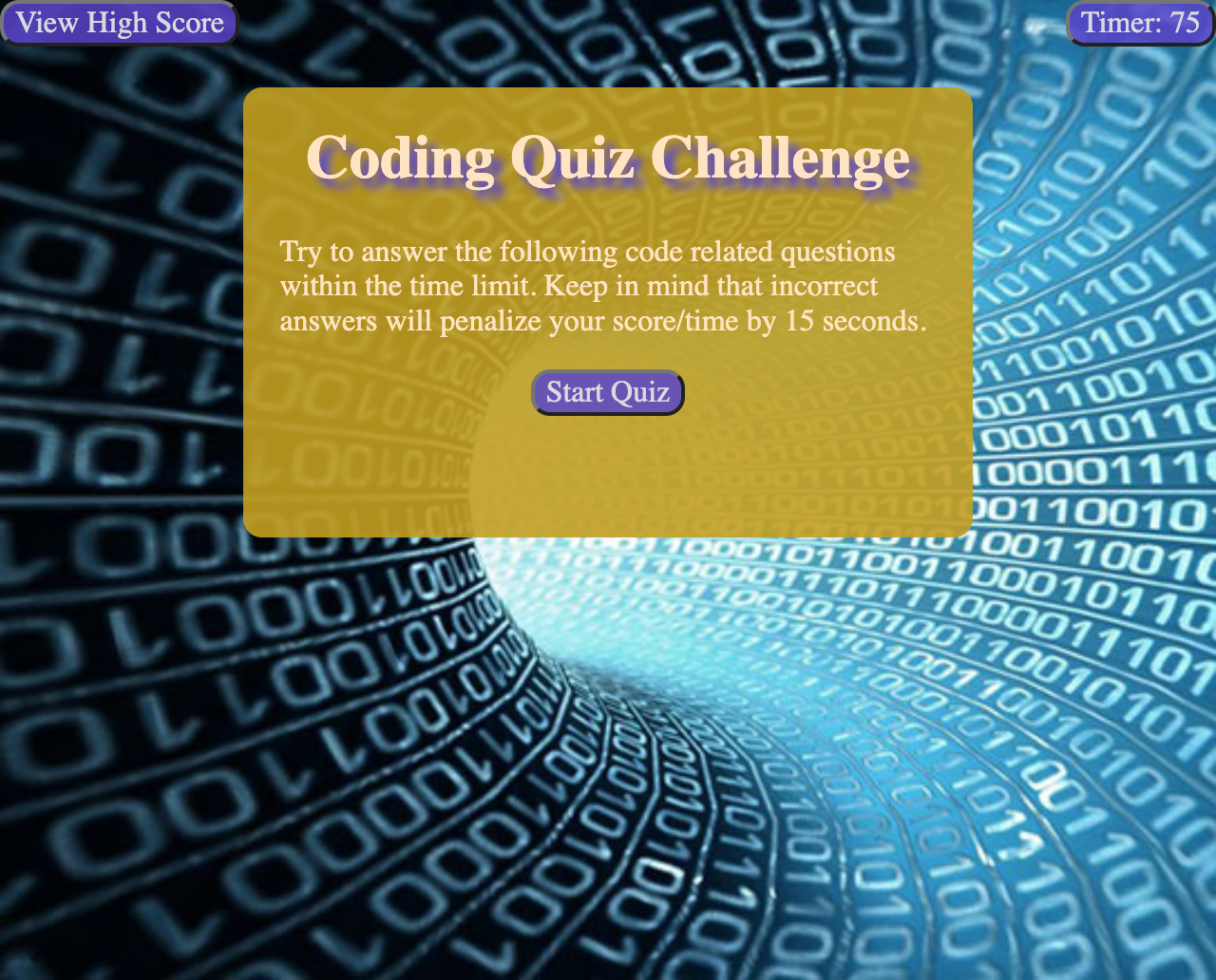 a screen shot with 0s and 1s background and a coding quiz challenge in a yellow box